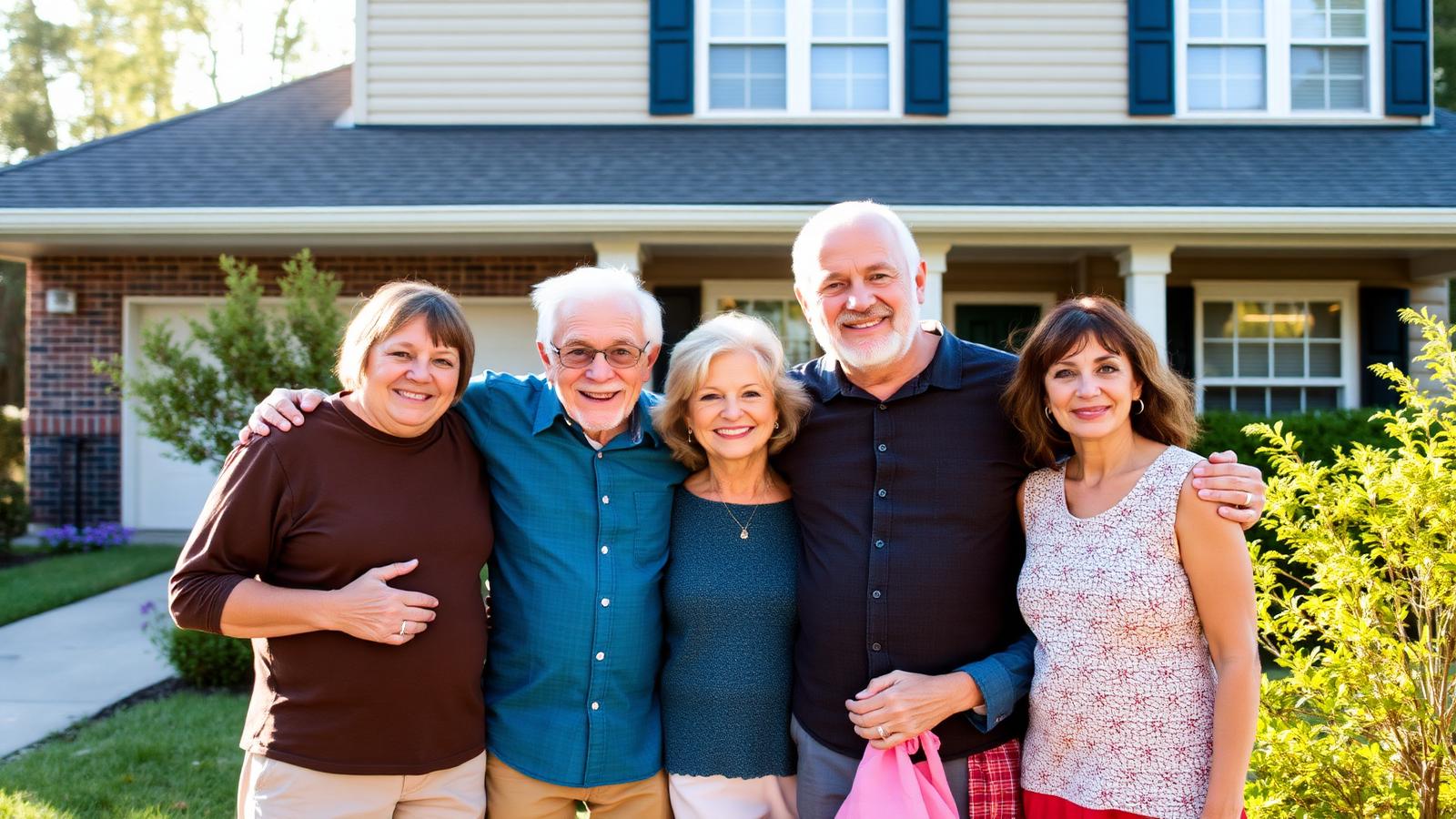 Happy family in front of their home
