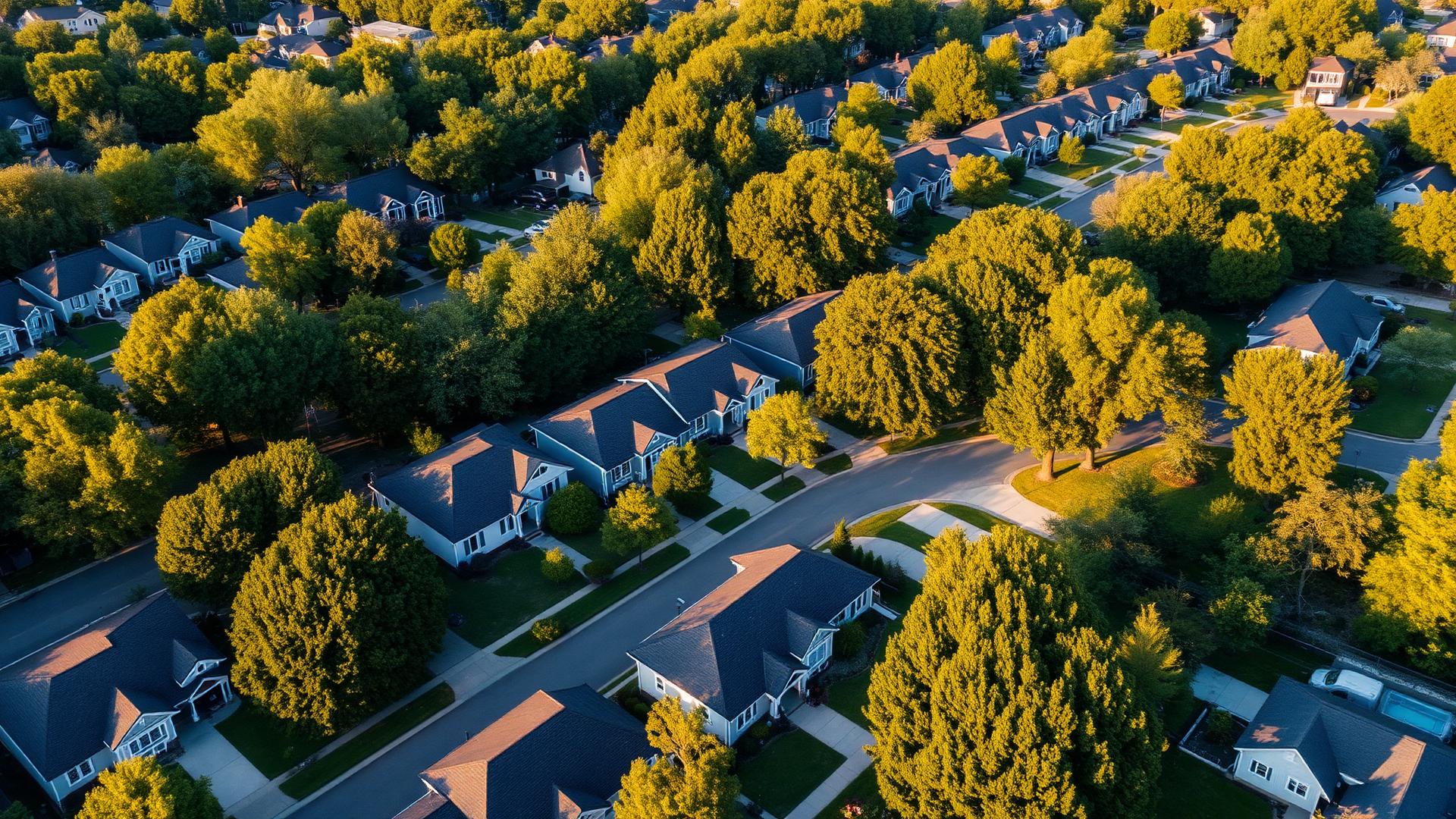 Aerial view of an American suburban neighborhood